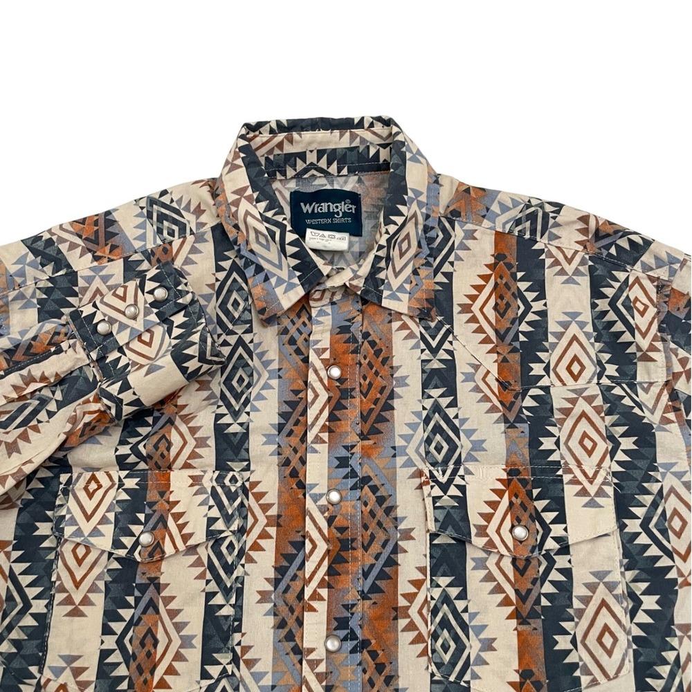 Vintage Wrangler Brushopper Aztec Western Pearl Snap Shirt Large Long Sleeve